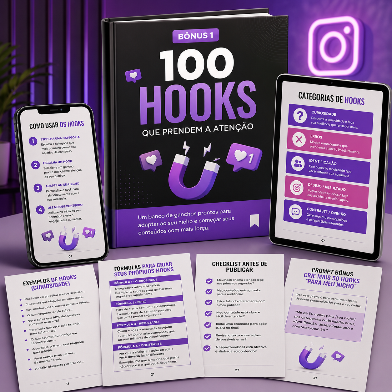 Bônus 100 Hooks que Prendem a Atenção: mockup do material digital